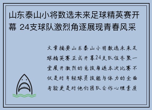山东泰山小将数选未来足球精英赛开幕 24支球队激烈角逐展现青春风采